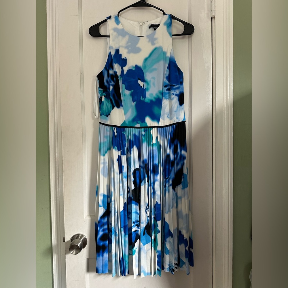 Maggy London Blue and White Pleated Halter Midi Dress